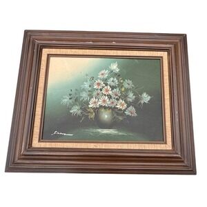 Signed Vintage Floral Oil Painting Still Life Daisies‎ Framed Wall Art 23x21